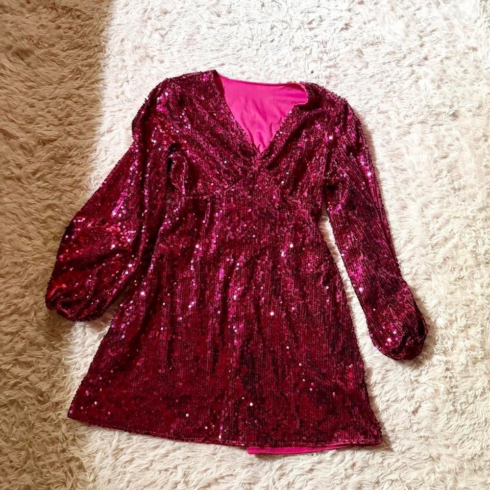 Hot Pink Glam Birthday Girl Retro Pinup Party Dopamine Sequin Dress Womens L